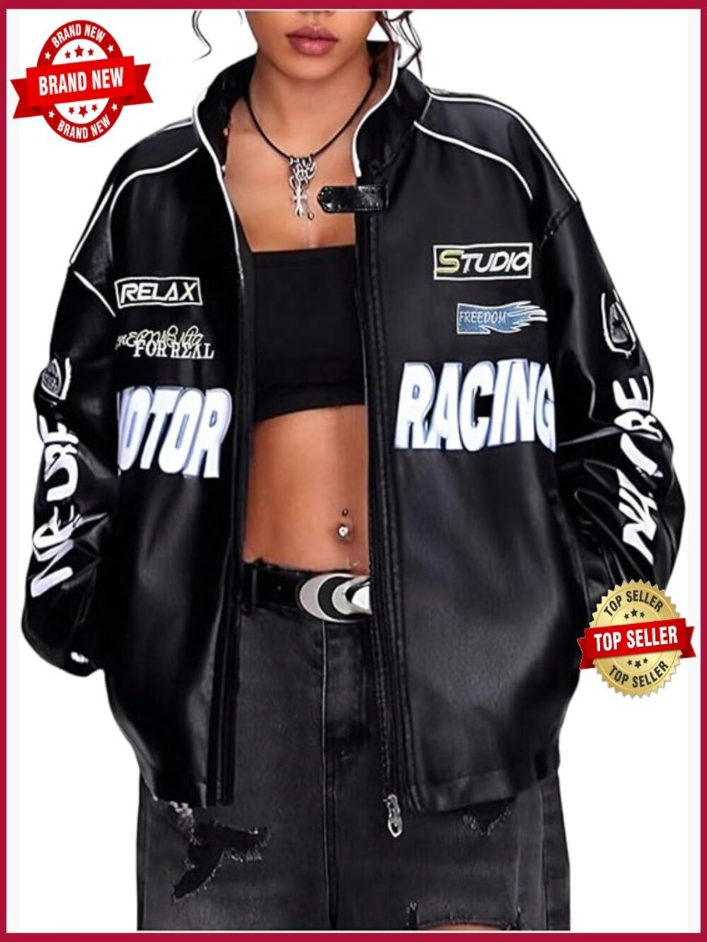 Faux Leather Motorcycle Jacket Y2k Racing Graphic Bomber Streetwear Coat